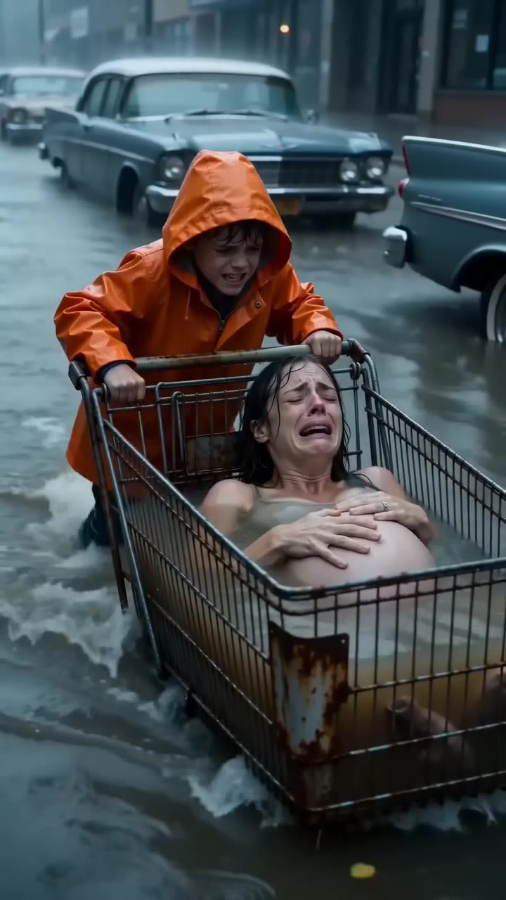 A Boy Pushes His Pregnant Mother Through A Flood In A Shopping Cart