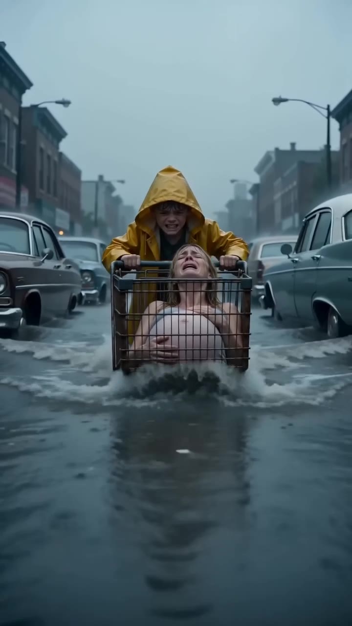 A Brave Boy Pushes His Laboring Mother Through a Raging Flood in a Shopping Cart