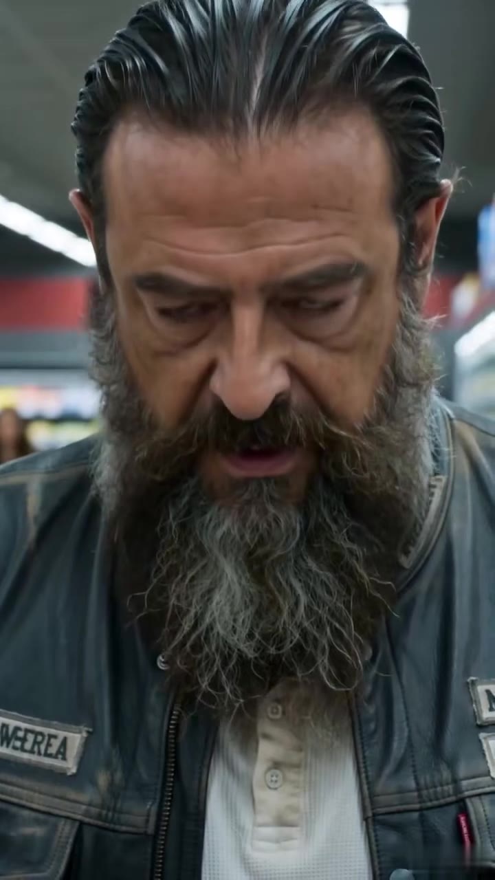 Un motero rudo defiende a una niña que le suplica ayuda en un supermercado